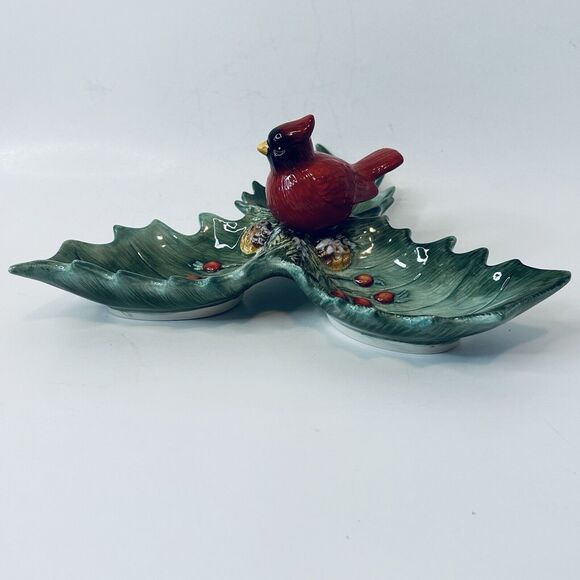 Christmas Traditions Cardinal Holly Ceramic Dish Holiday Red/Green 10" VTG - Picture 10 of 16
